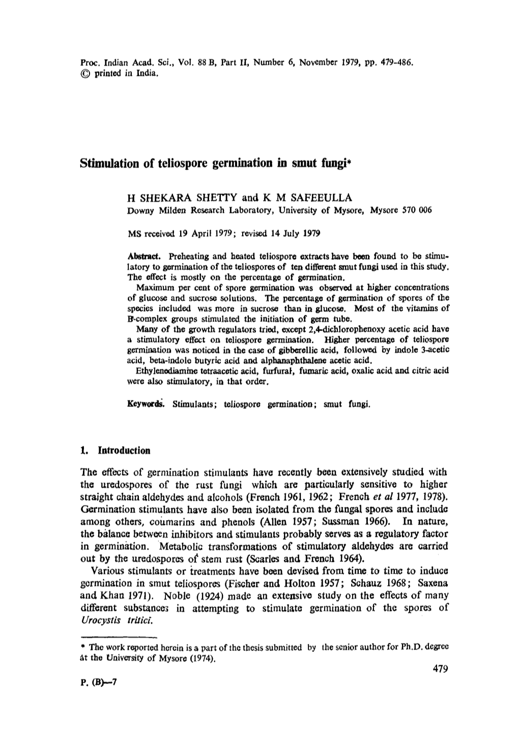 Stimulation of Teliospore Germination in Smut Fungi*