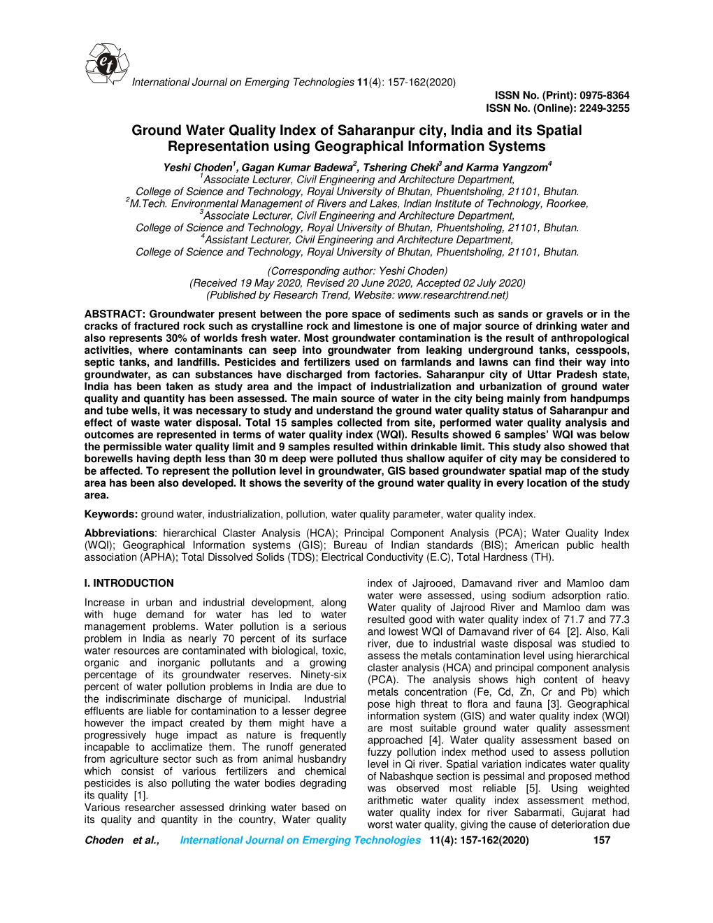 Ground Water Quality Index of Saharanpur City, India and Its