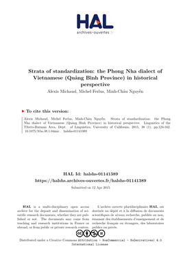 The Phong Nha Dialect of Vietnamese (Quảng Bình Province) in Historical Perspective Alexis Michaud, Michel Ferlus, Minh-Châu Nguyễn