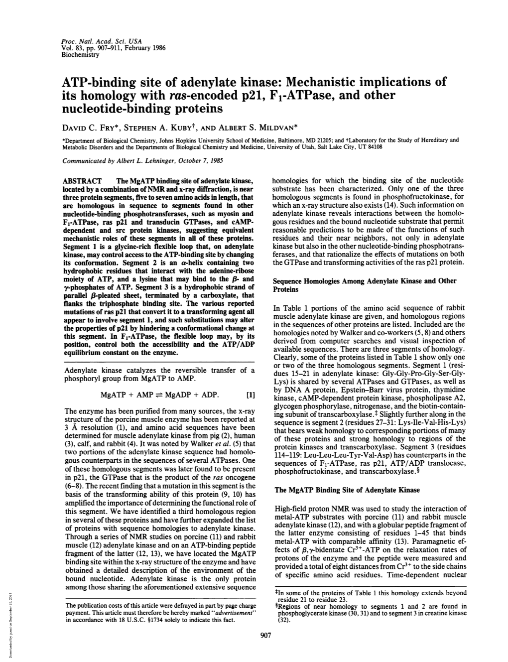 ATP-Binding Site of Adenylate Kinase: Mechanistic Implications of Its Homology with Ras-Encoded P21, Fl-Atpase, and Other Nucleotide-Binding Proteins DAVID C