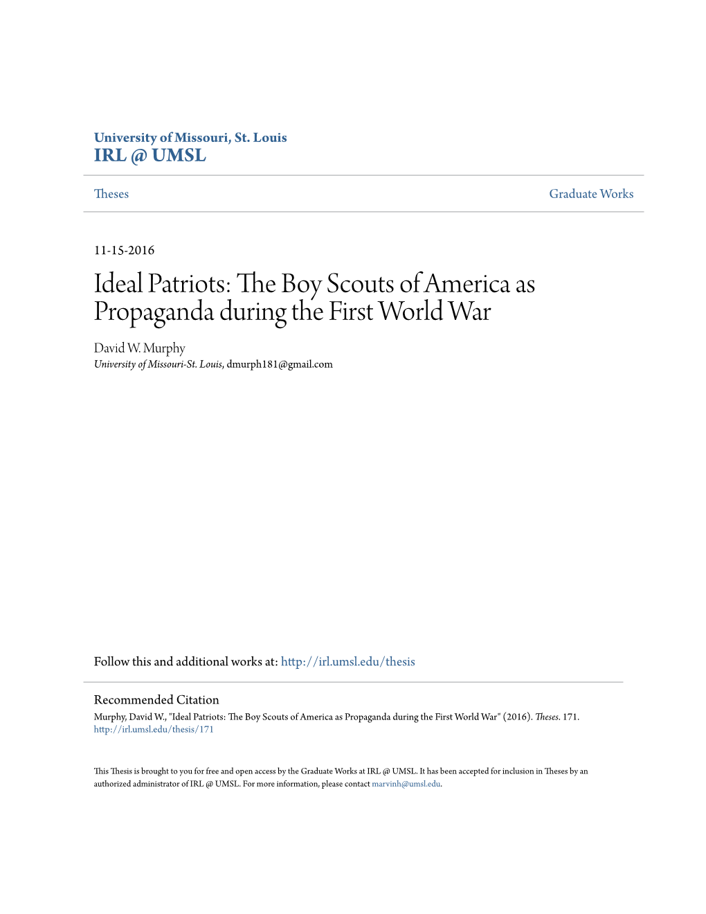 The Boy Scouts of America As Propaganda During the First World War David W