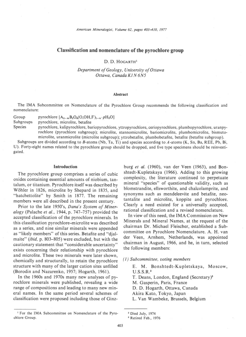 Classification and Nomenclature of the Pyrochlore Group