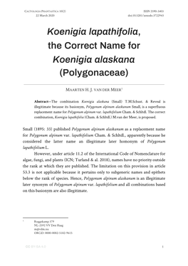 Koenigia Lapathifolia, ​ the Correct Name for Koenigia Alaskana (Polygonaceae)