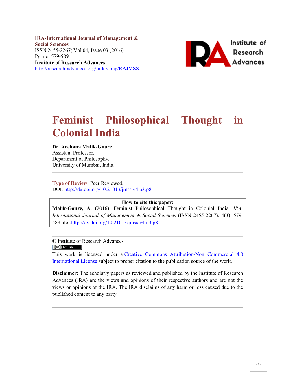Feminist Philosophical Thought in Colonial India