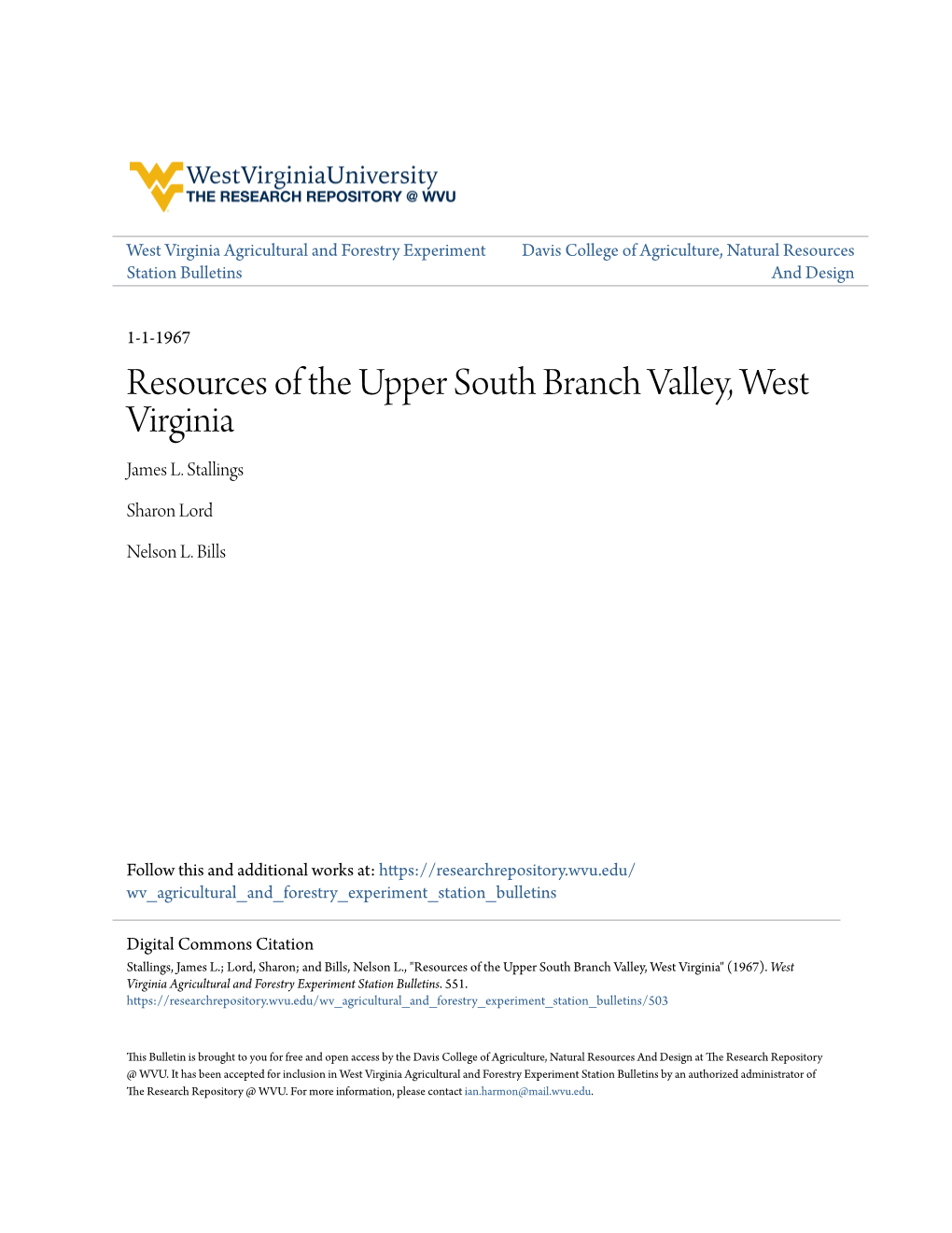 Resources of the Upper South Branch Valley, West Virginia James L
