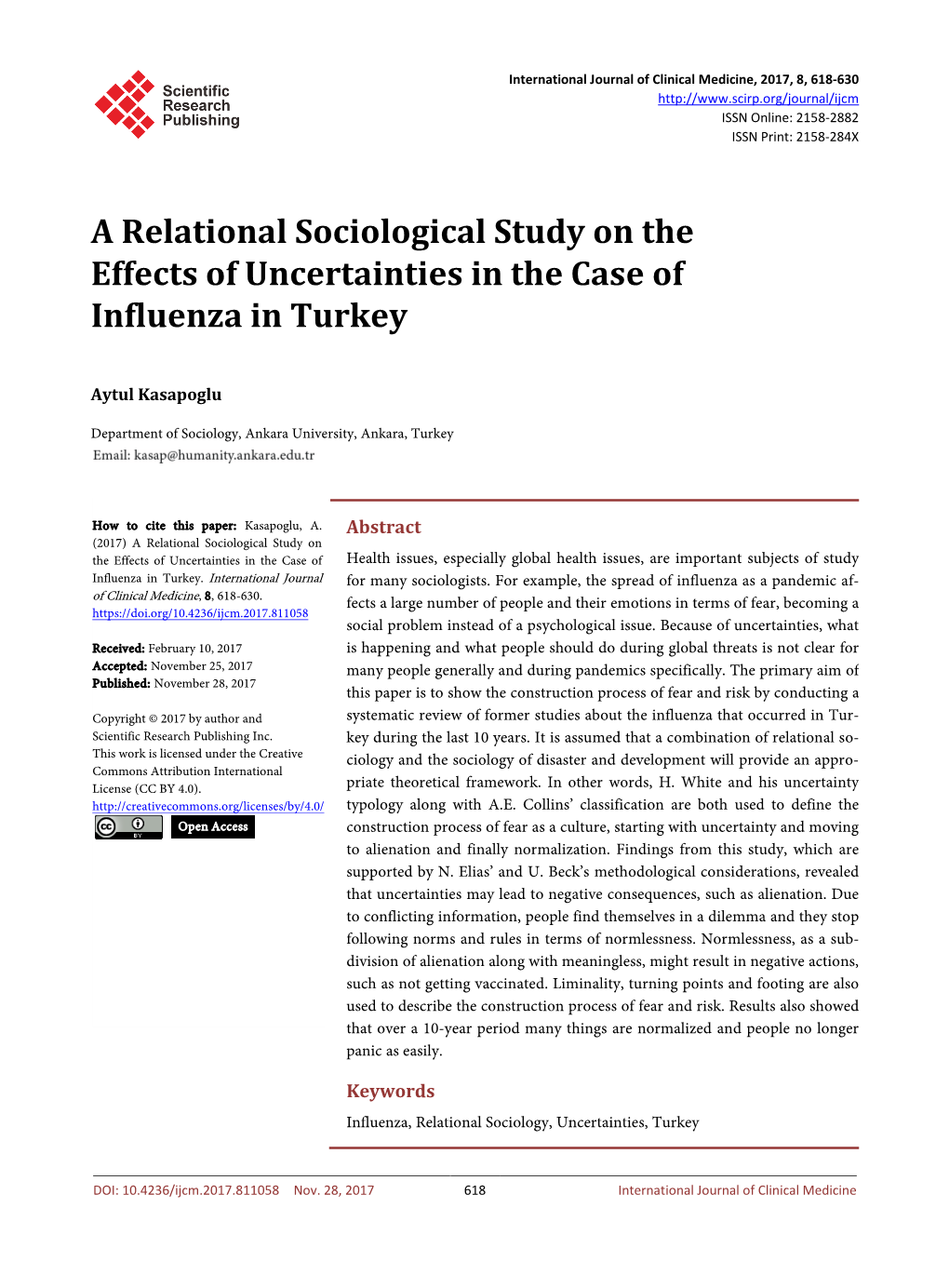 A Relational Sociological Study on the Effects of Uncertainties in the Case of Influenza in Turkey