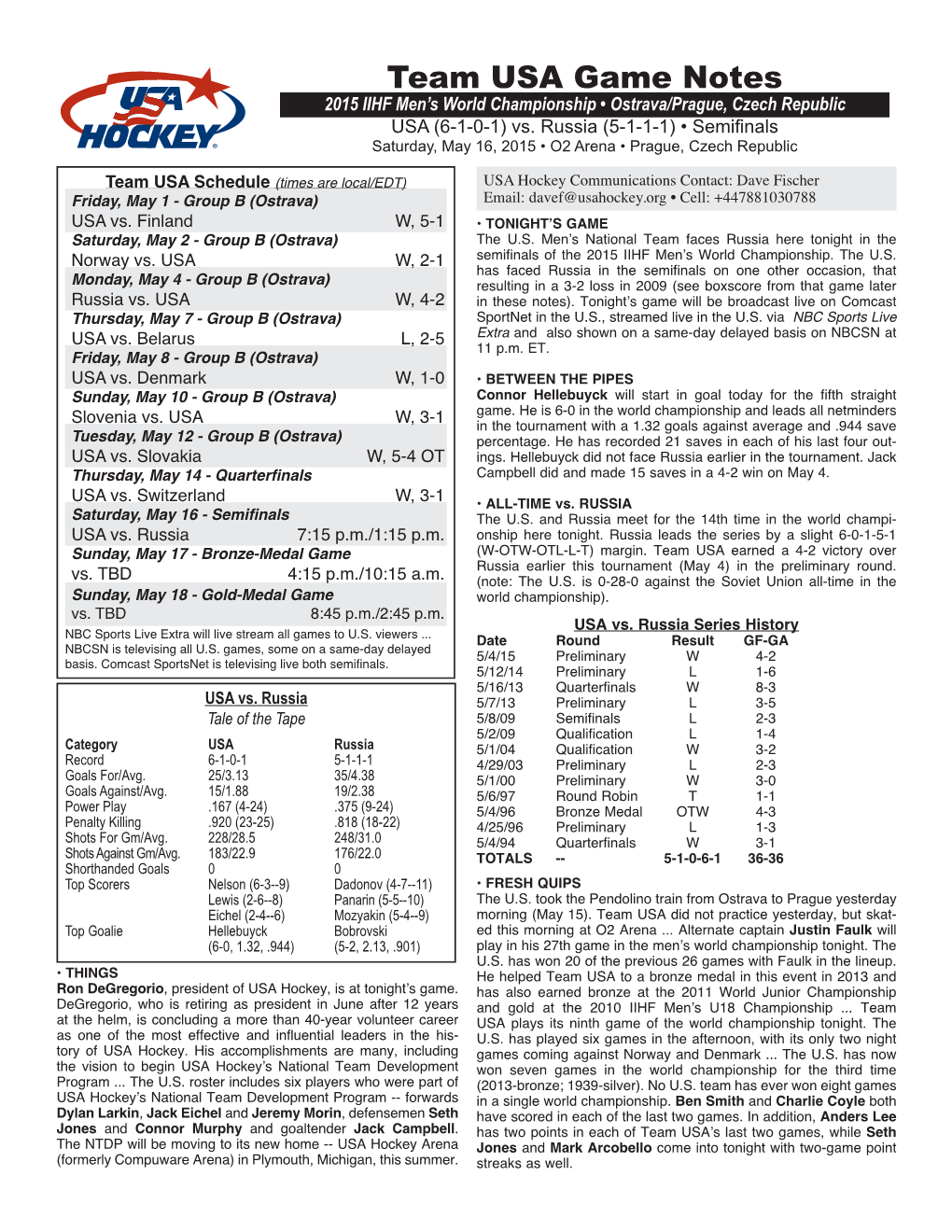 Game Notes Vs. Russia • Saturday, May 16, 2015 • 2015 IIHF Men’S World Championship • Page Two