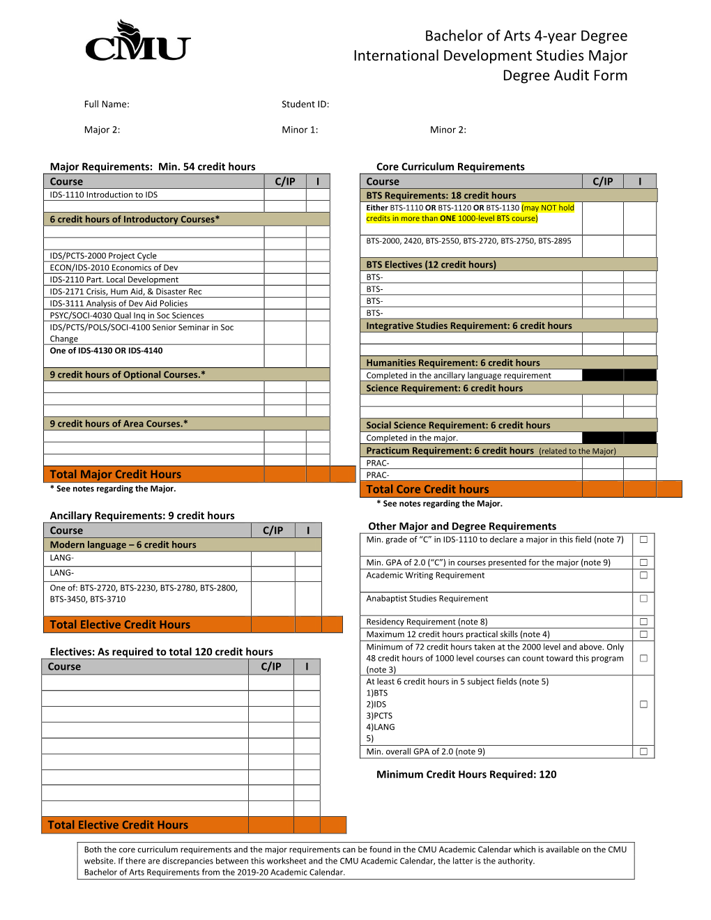 Bachelor of Arts 4-Year Degree International Development Studies Major Degree Audit Form