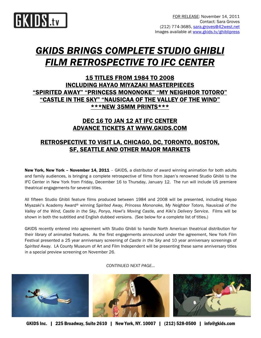 Gkids Brings Complete Studio Ghibli Film Retrospective to Ifc Center