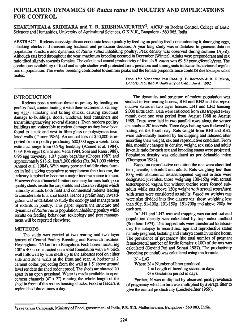 POPULATION DYNAMICS of Rattus Rattus in POULTRY and IMPLICATIONS for CONTROL