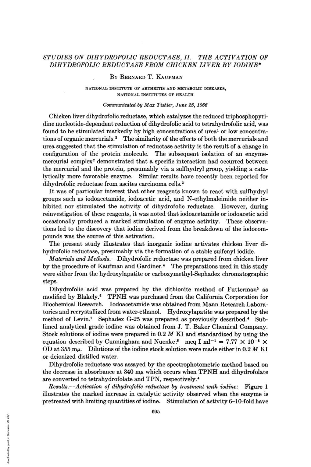 STUDIES on DIHYDROFOLIC REDUCTASE, HI. the ACTIVATION of DIHYDROFOLIC REDUCTASE from CHICKEN LIVER by Iodlne* by BERNARD T
