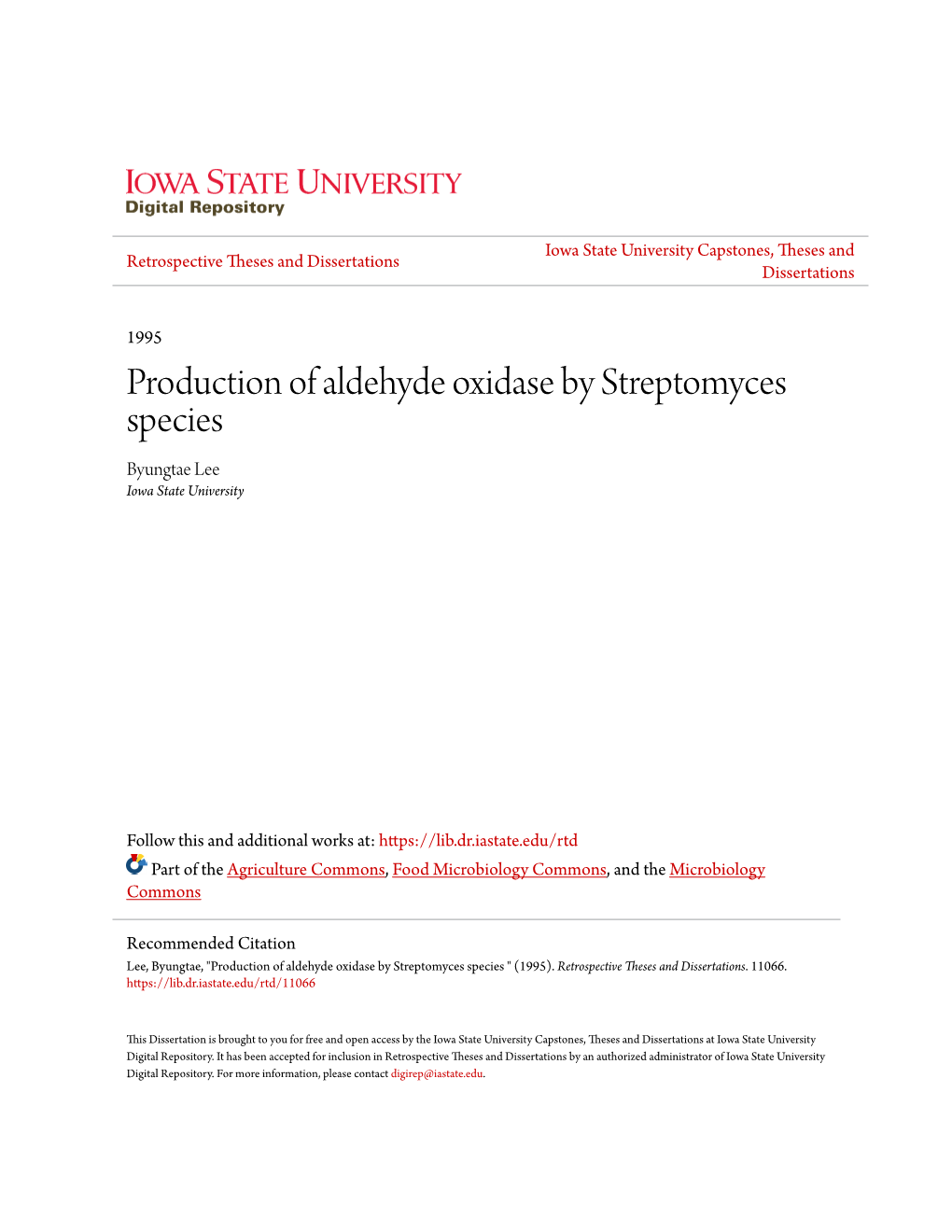 Production of Aldehyde Oxidase by Streptomyces Species Byungtae Lee Iowa State University