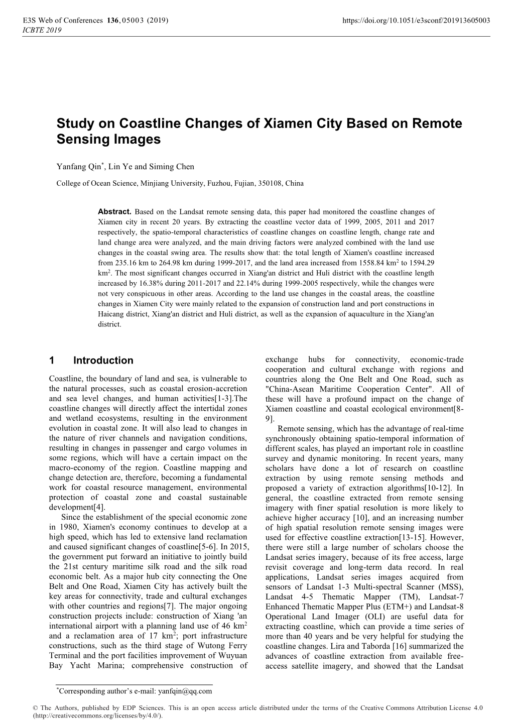 Study on Coastline Changes of Xiamen City Based on Remote Sensing Images