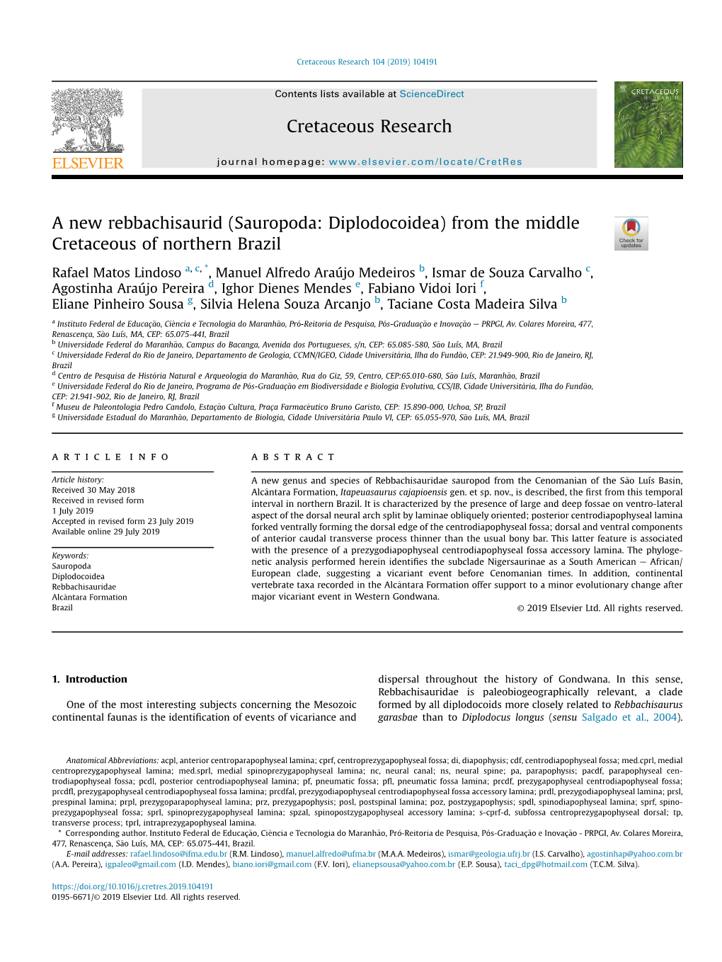 (Sauropoda: Diplodocoidea) from the Middle Cretaceous of Northern Brazil