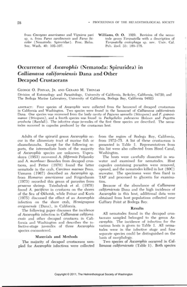 Occurrence of Ascarophis (Nematoda: Spiruridea) in Callianassa Californiensis Dana and Other Decapod Crustaceans