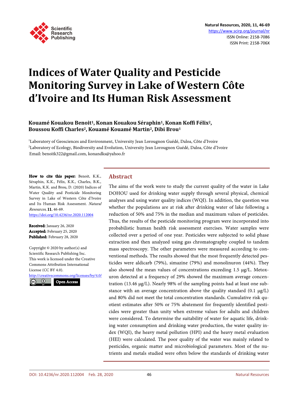 Indices of Water Quality and Pesticide Monitoring Survey in Lake of Western Côte D’Ivoire and Its Human Risk Assessment