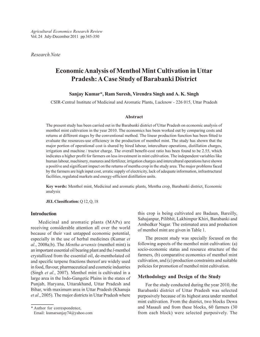 Economic Analysis of Menthol Mint Cultivation in Uttar Pradesh: a Case Study of Barabanki District
