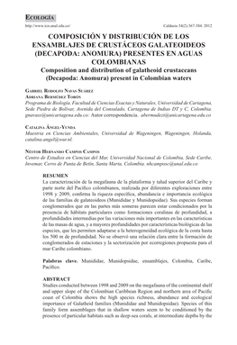 DECAPODA: ANOMURA) PRESENTES EN AGUAS COLOMBIANAS Composition and Distribution of Galatheoid Crustaceans (Decapoda: Anomura) Present in Colombian Waters
