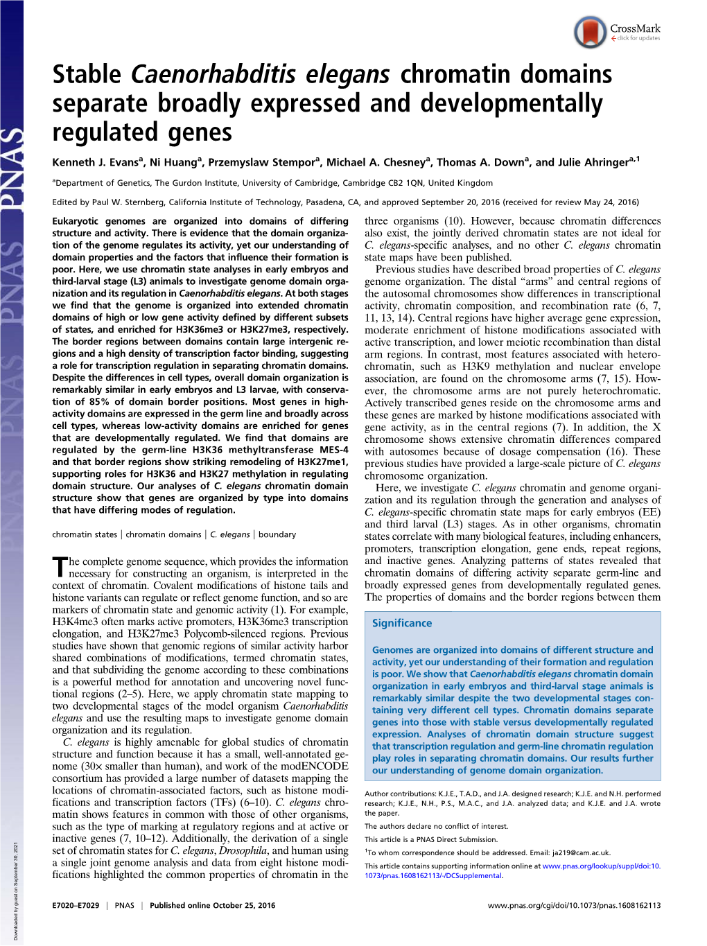 Stable Caenorhabditis Elegans Chromatin Domains Separate Broadly Expressed and Developmentally Regulated Genes