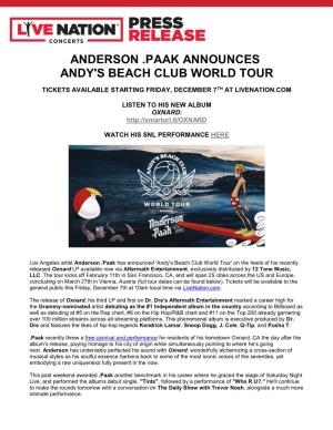 Anderson .Paak Announces Andy's Beach Club World Tour