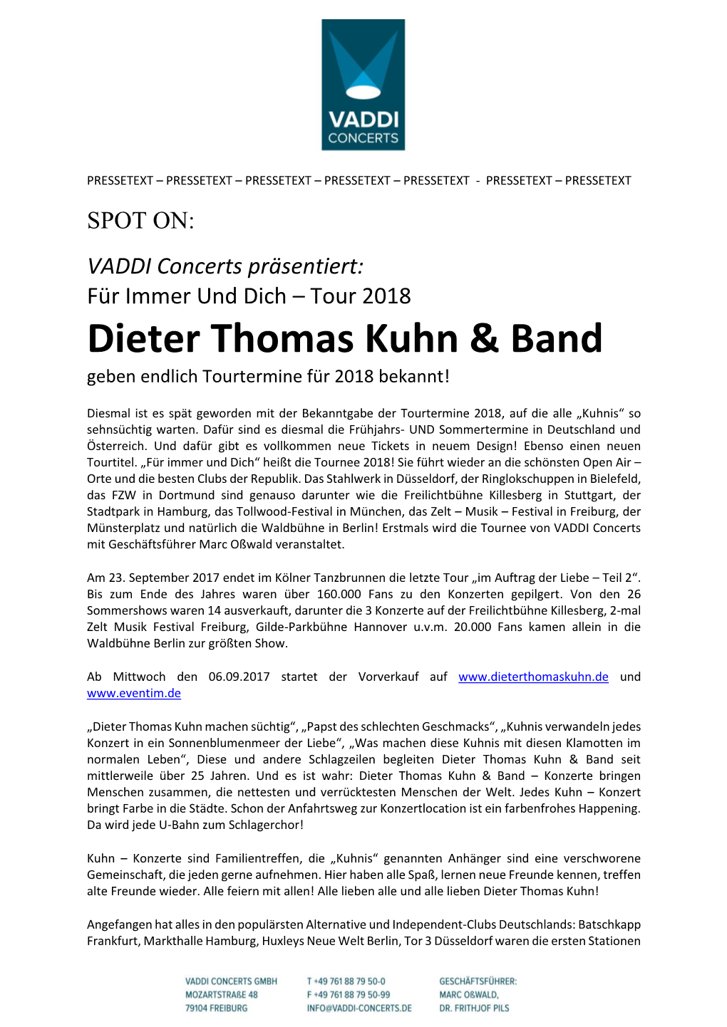 VADDI Concerts Präsentiert: Für Immer Und Dich – Tour 2018 Dieter Thomas Kuhn & Band Geben Endlich Tourtermine Für 2018 Bekannt!