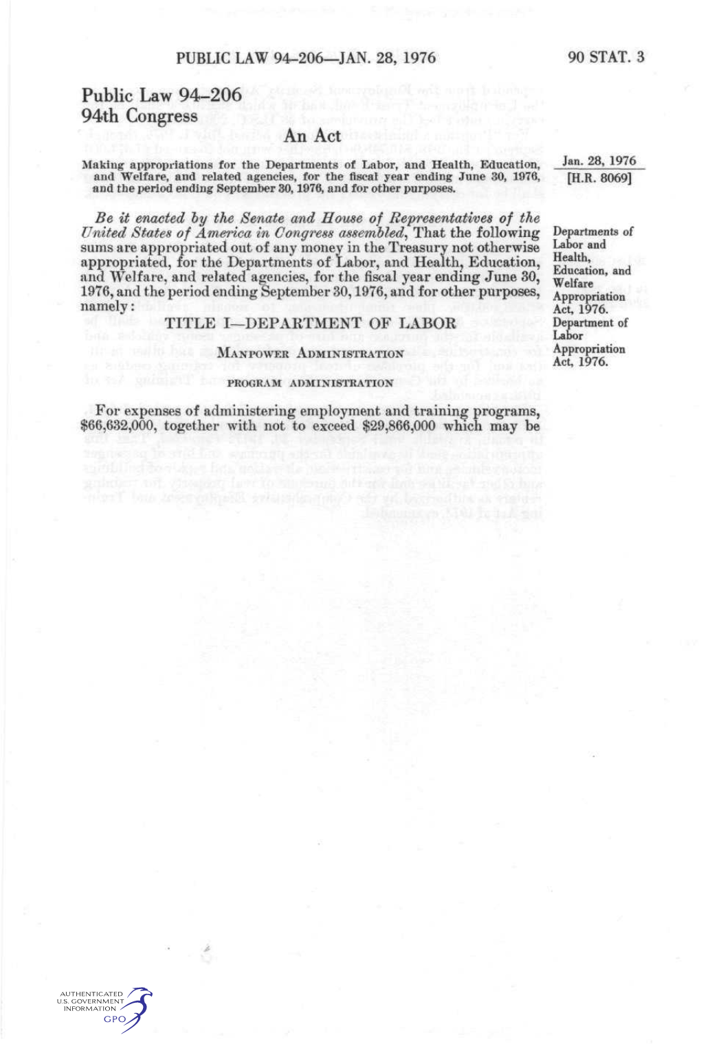 Public Law 94-206 94Th Congress an Act