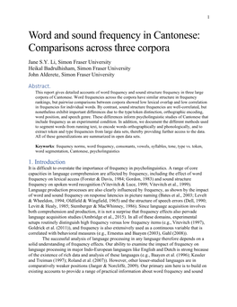 Word and Sound Frequency in Cantonese: Comparisons Across Three Corpora