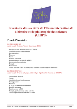 Archives De L'union Internationale D'histoire Et De Philosophie Des Sciences (UIHPS) Plan De L’Inventaire
