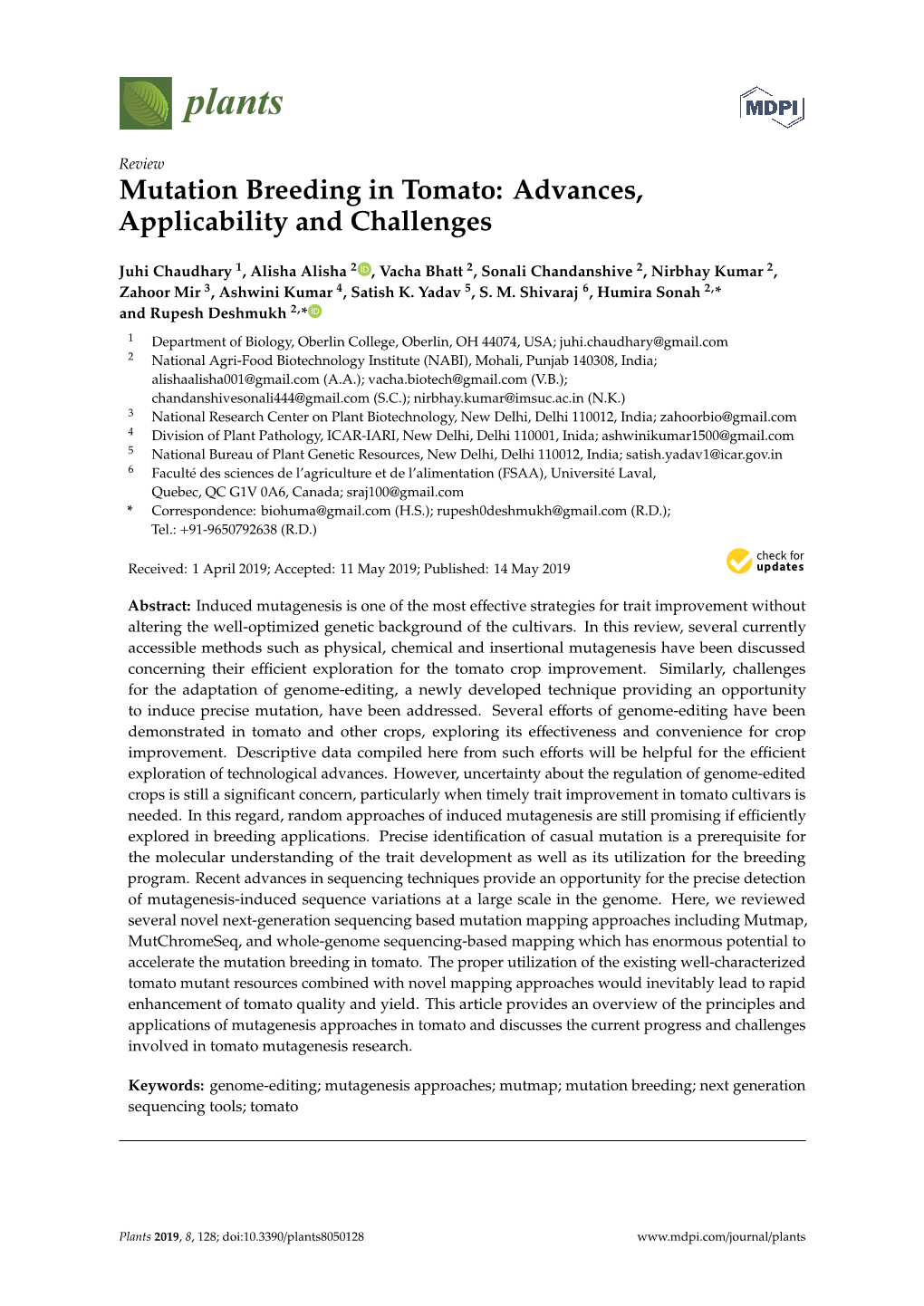 Mutation Breeding in Tomato: Advances, Applicability and Challenges