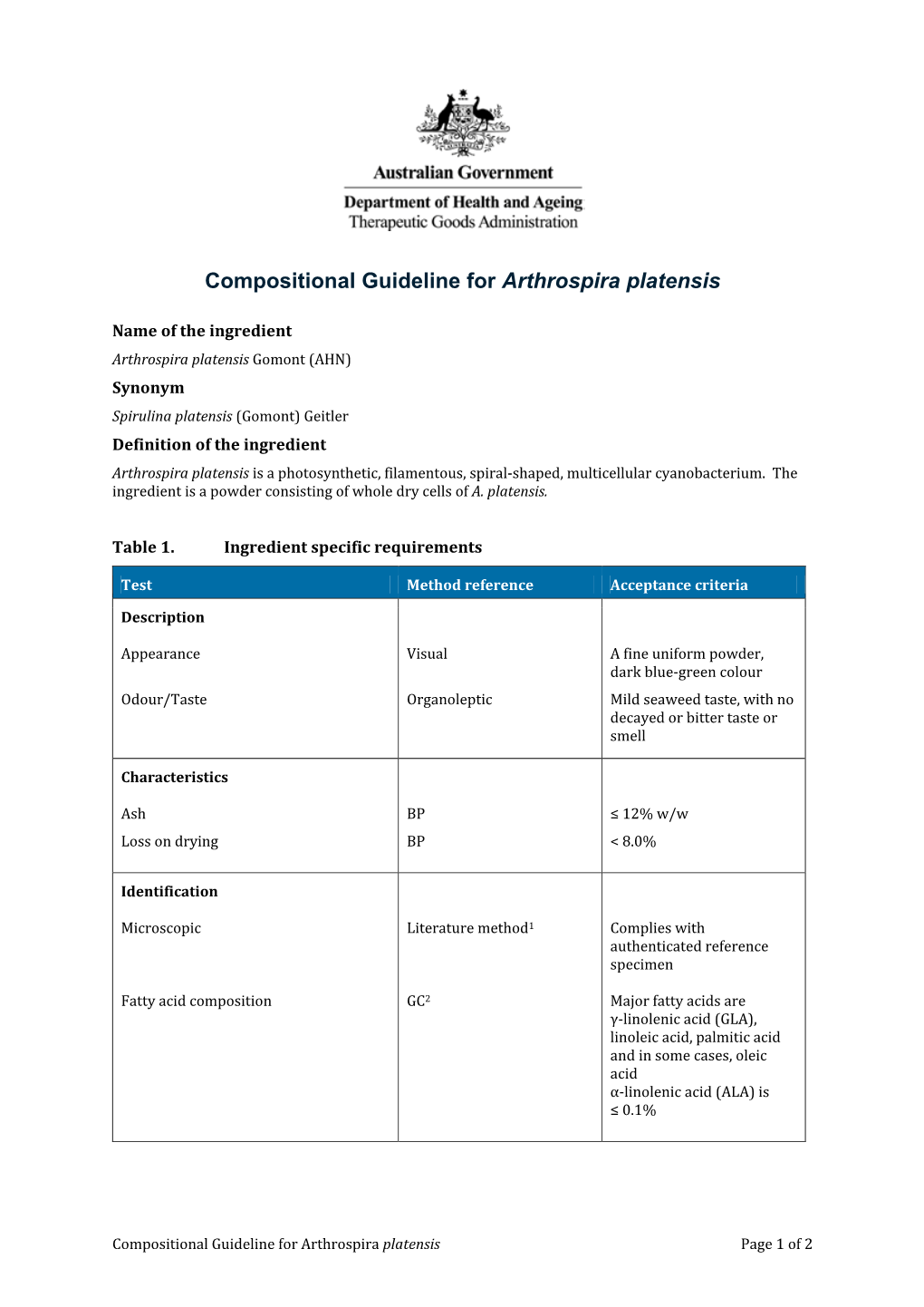Compositional Guideline for Arthrospira Platensis