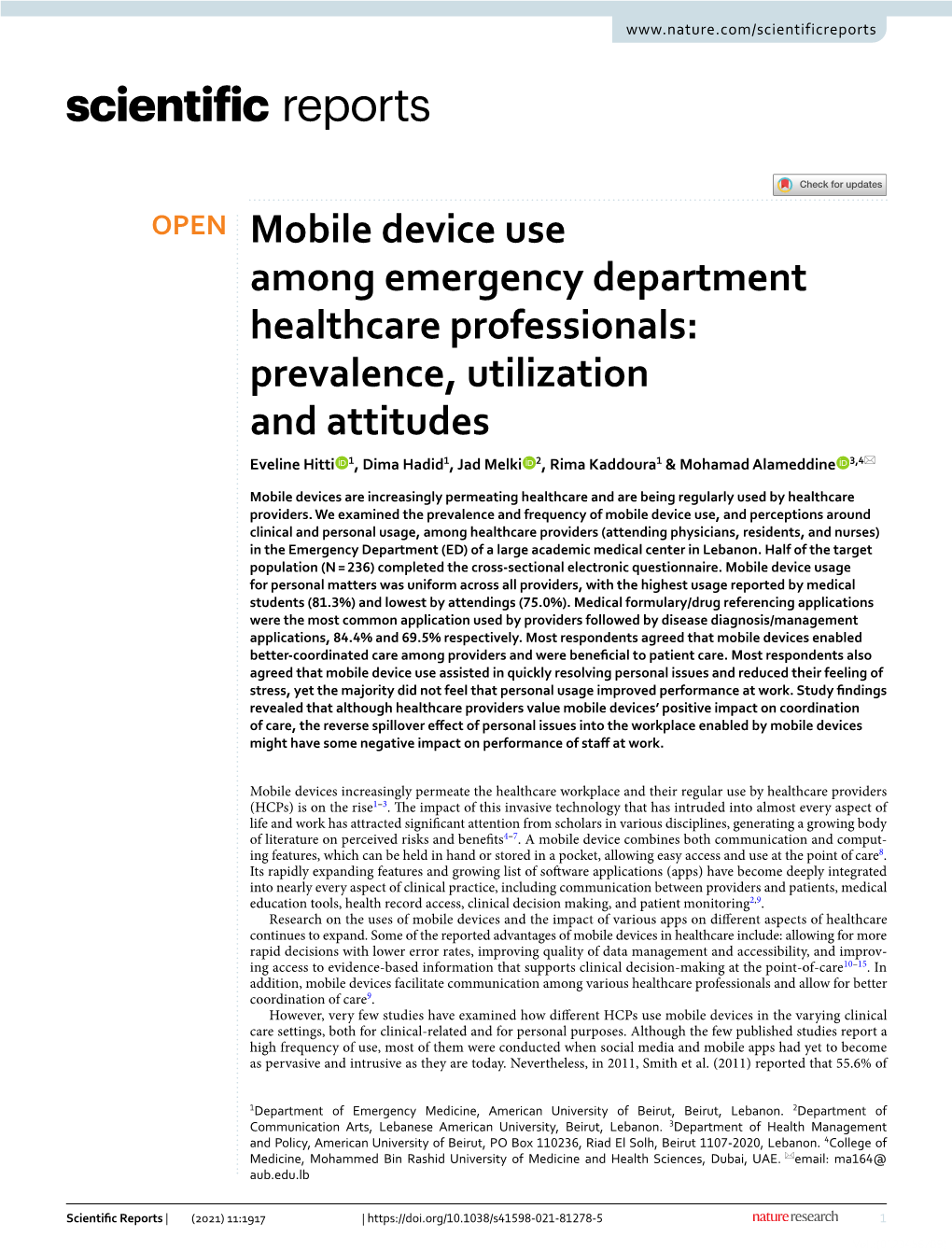 Mobile Device Use Among Emergency Department Healthcare