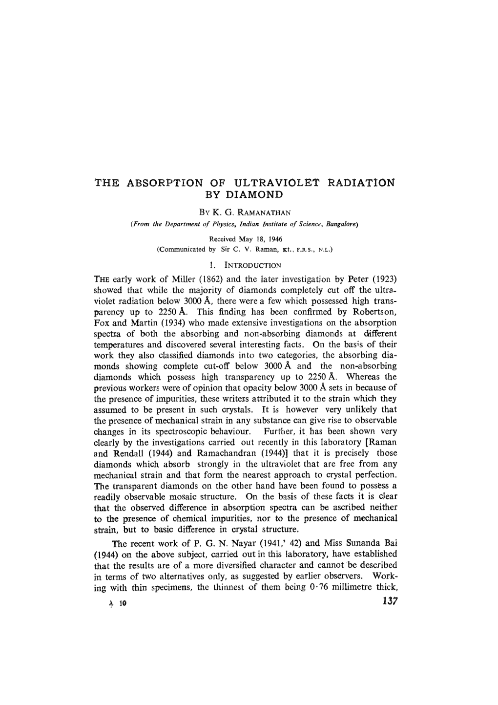 THE ABSORPTION of ULTRAVIOLET Radiation by DIAMOND Bv K