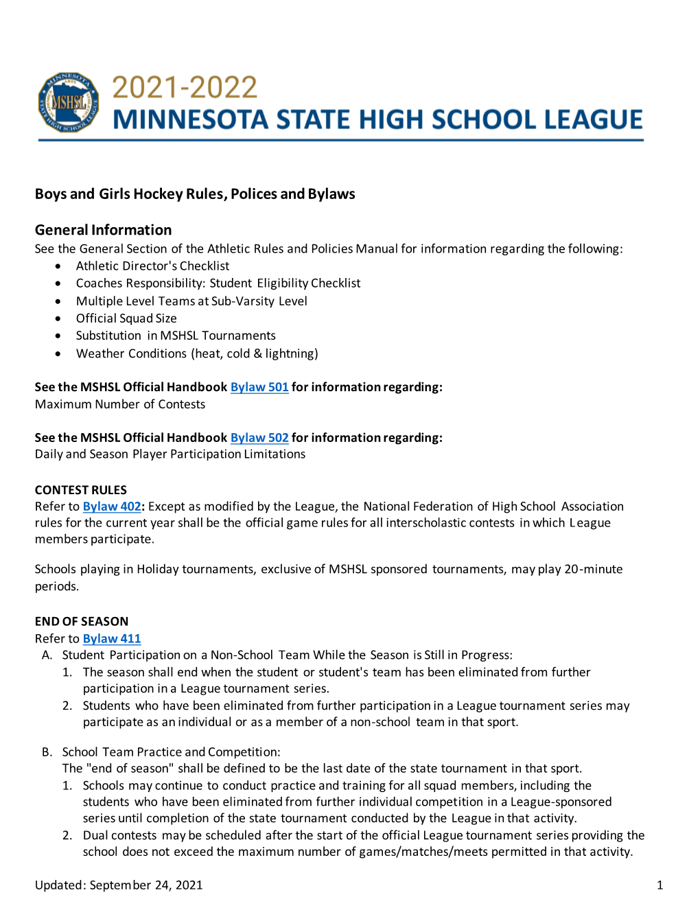 Boys and Girls Hockey Rules, Polices and Bylaws General Information