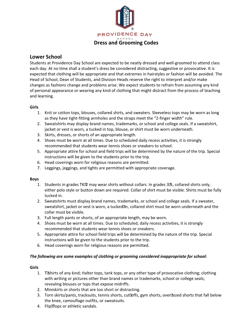 Dress and Grooming Codes Lower School