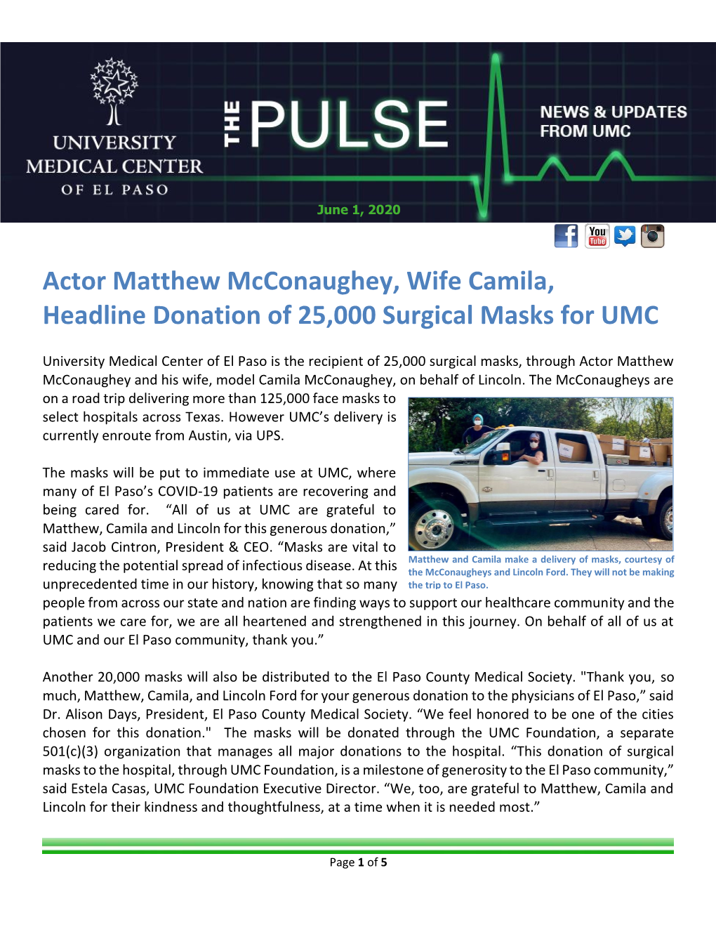 Actor Matthew Mcconaughey, Wife Camila, Headline Donation of 25,000 Surgical Masks for UMC