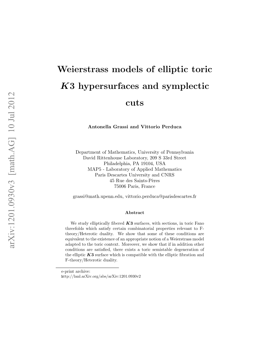 Weierstrass Models of Elliptic Toric K3 Hypersurfaces and Symplectic Cuts