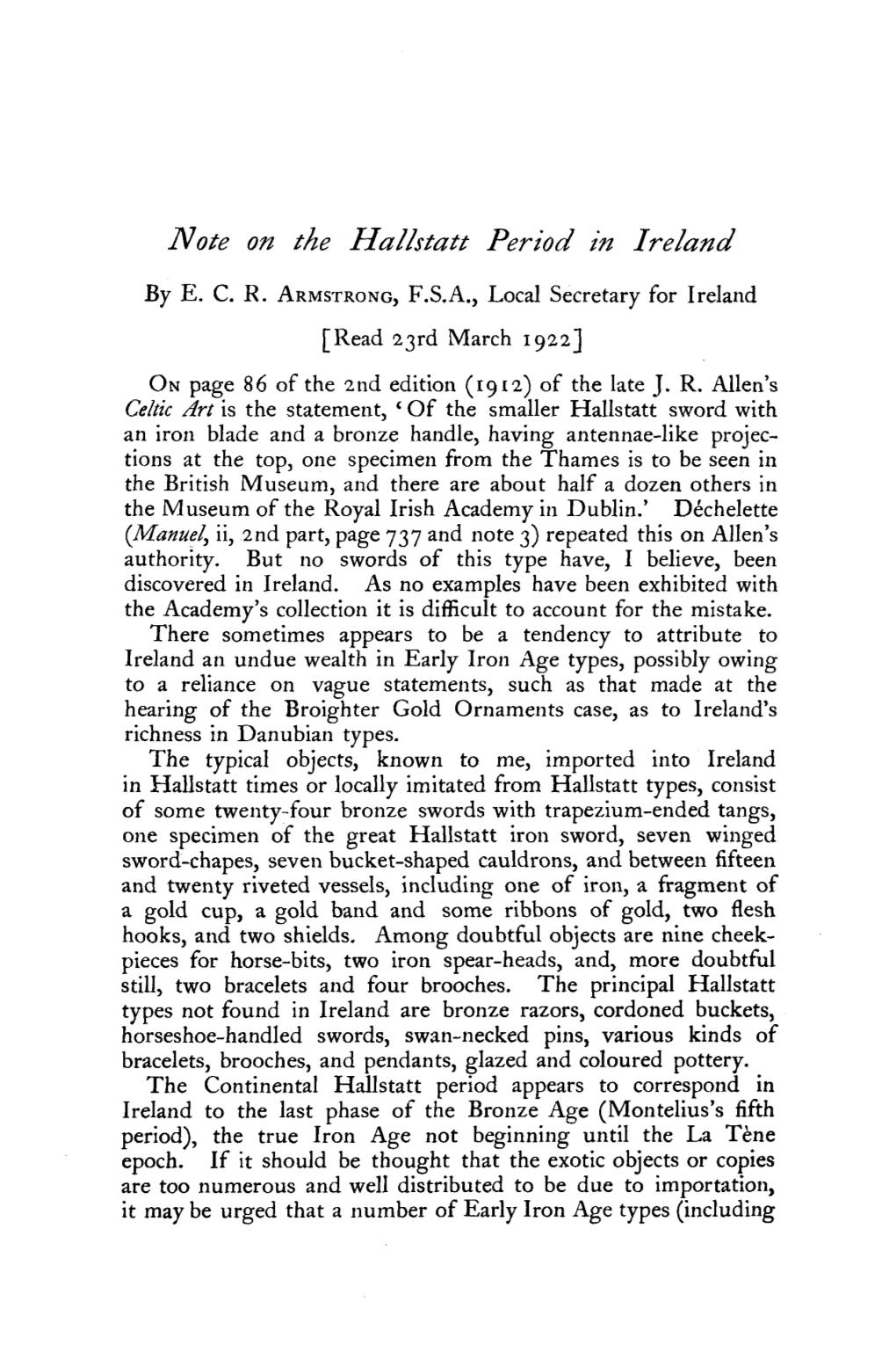 Note on the Hallstatt Period in Ireland