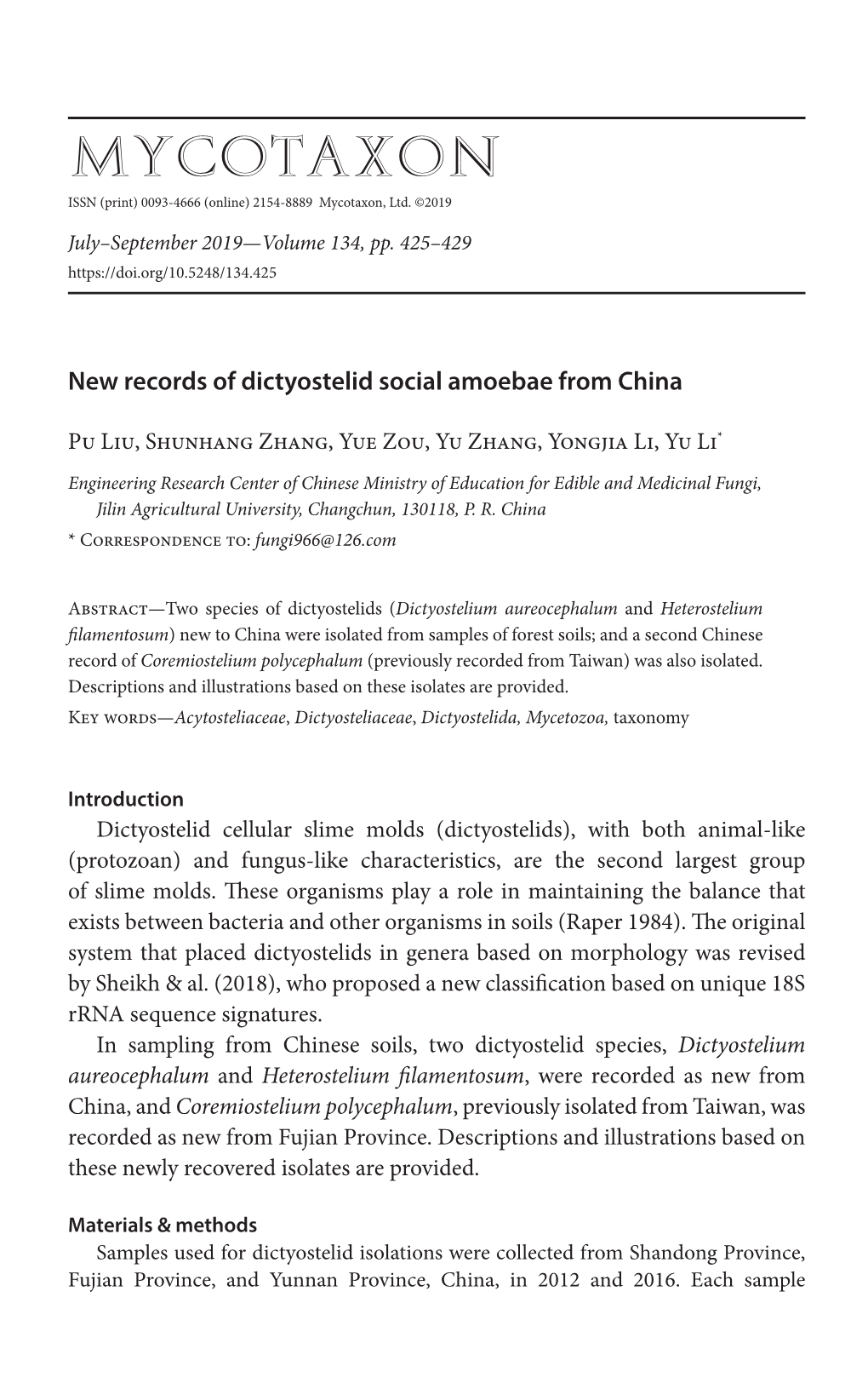New Records of Dictyostelid Social Amoebae from China