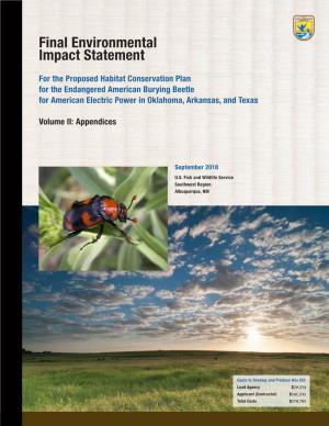 Final Impact Statement for the Proposed Habitat Conservation Plan for the Endangered American Burying Beetle