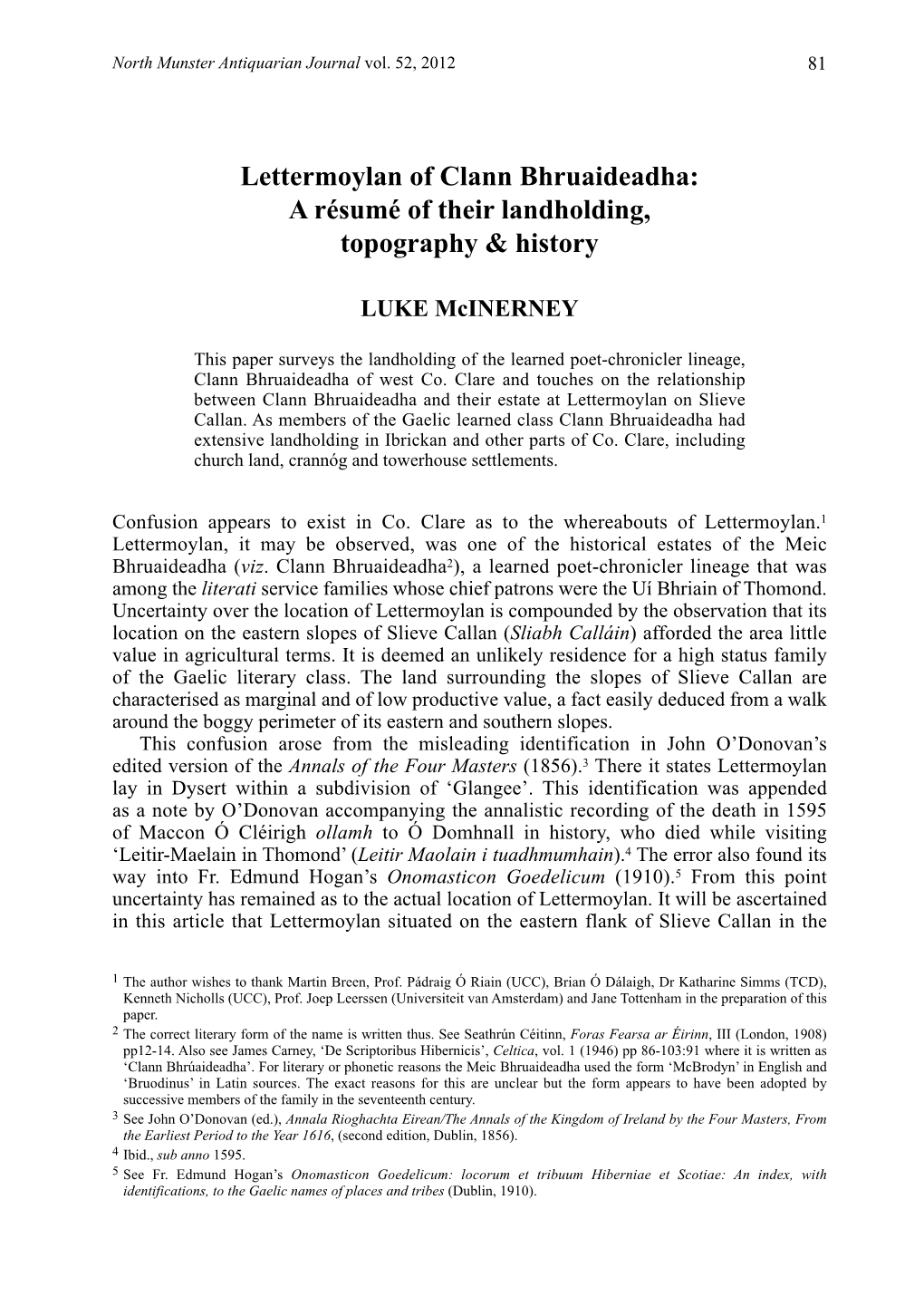 Lettermoylan of Clann Bhruaideadha: a Résumé of Their Landholding, Topography & History