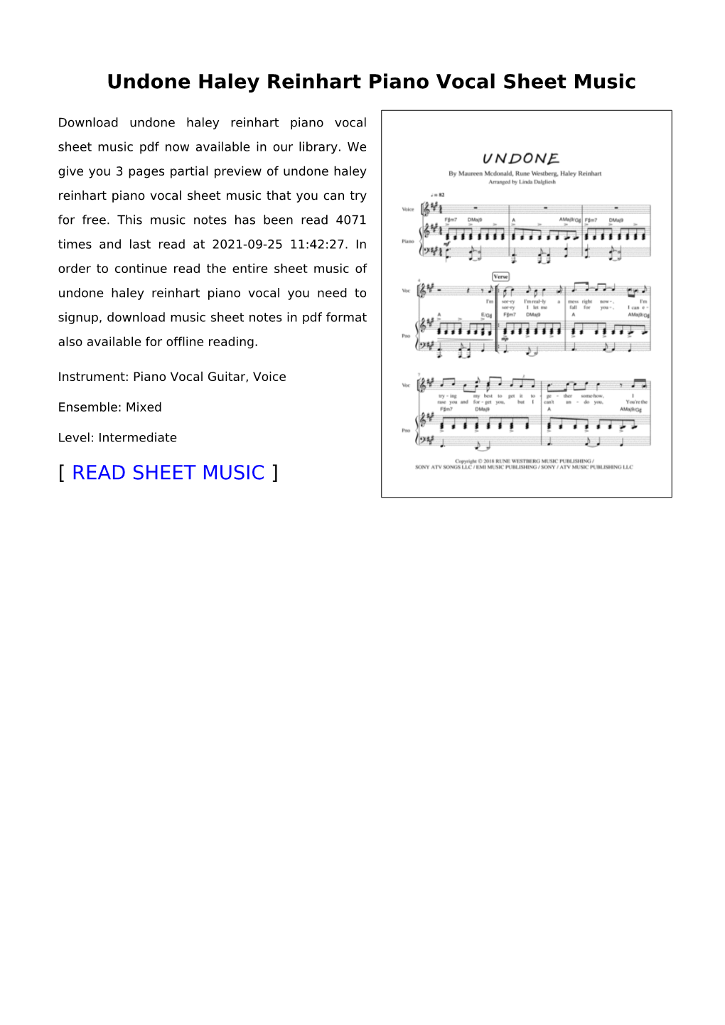 Undone Haley Reinhart Piano Vocal Sheet Music