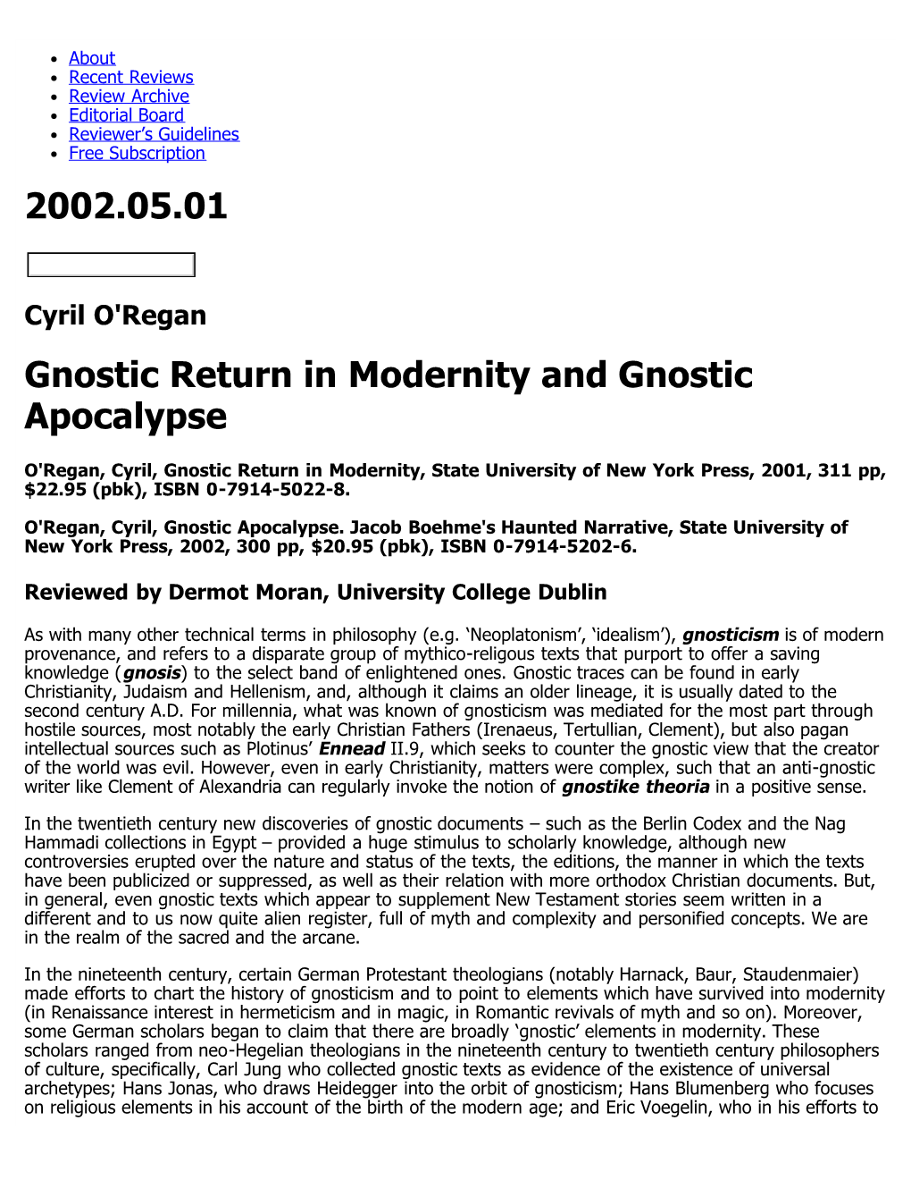 2002.05.01 Gnostic Return in Modernity and Gnostic Apocalypse