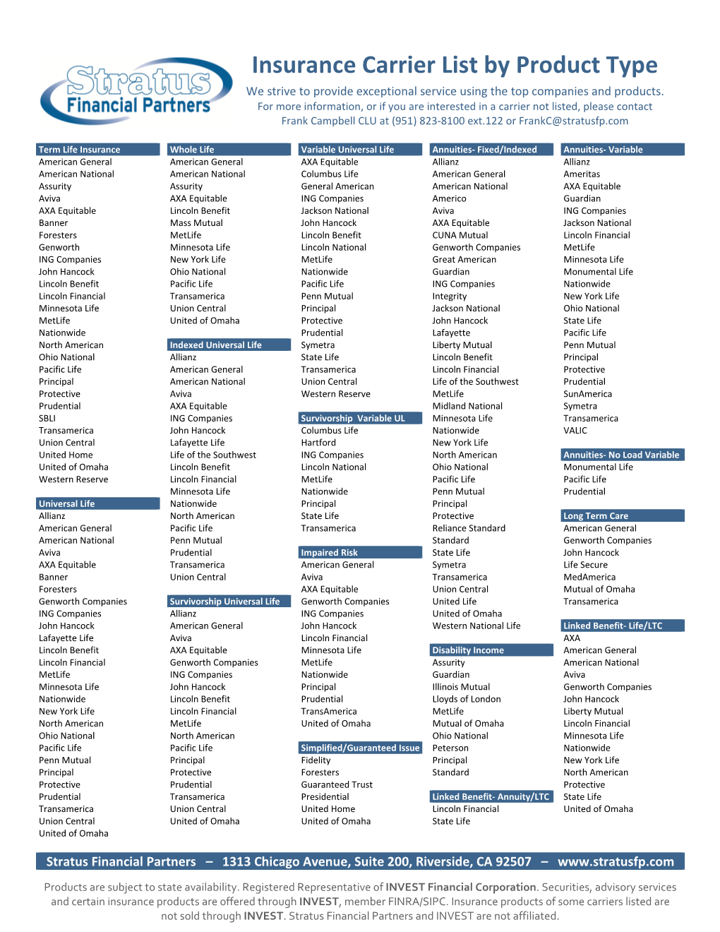Insurance Carrier List by Product Type We Strive to Provide Exceptional Service Using the Top Companies and Products