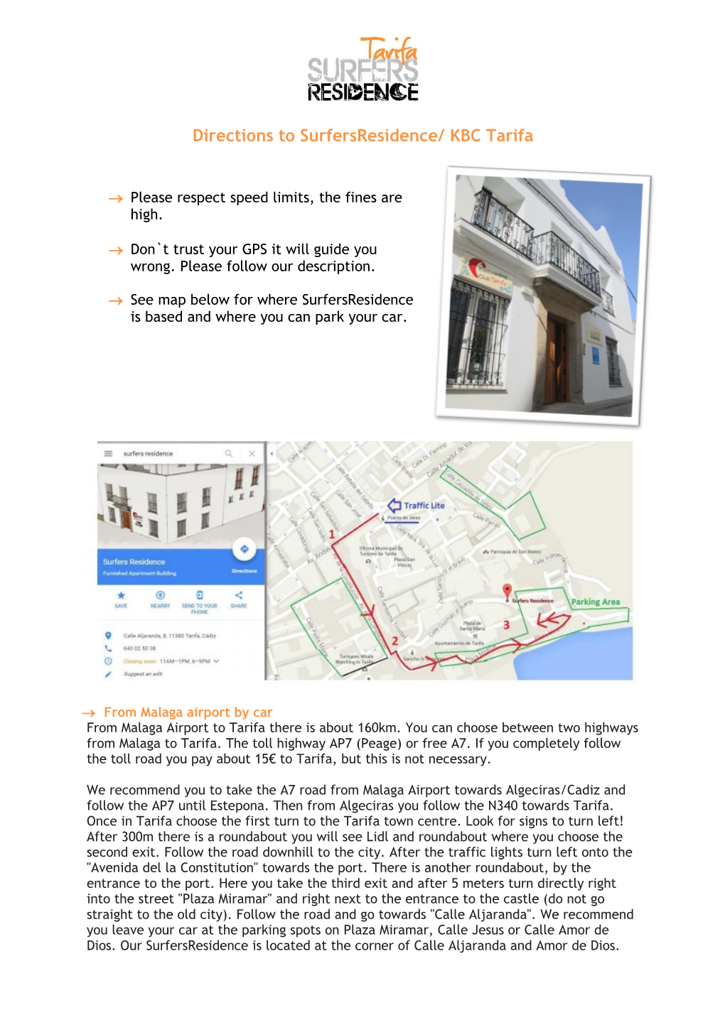 Directions to Surfersresidence/ KBC Tarifa