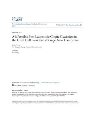 Possible Post-Laurentide Cirque Glaciation in the Great Gulf Presidential Range, New Hampshire Brian Fowler New Hampshire Geologic Resources Advisory Committee