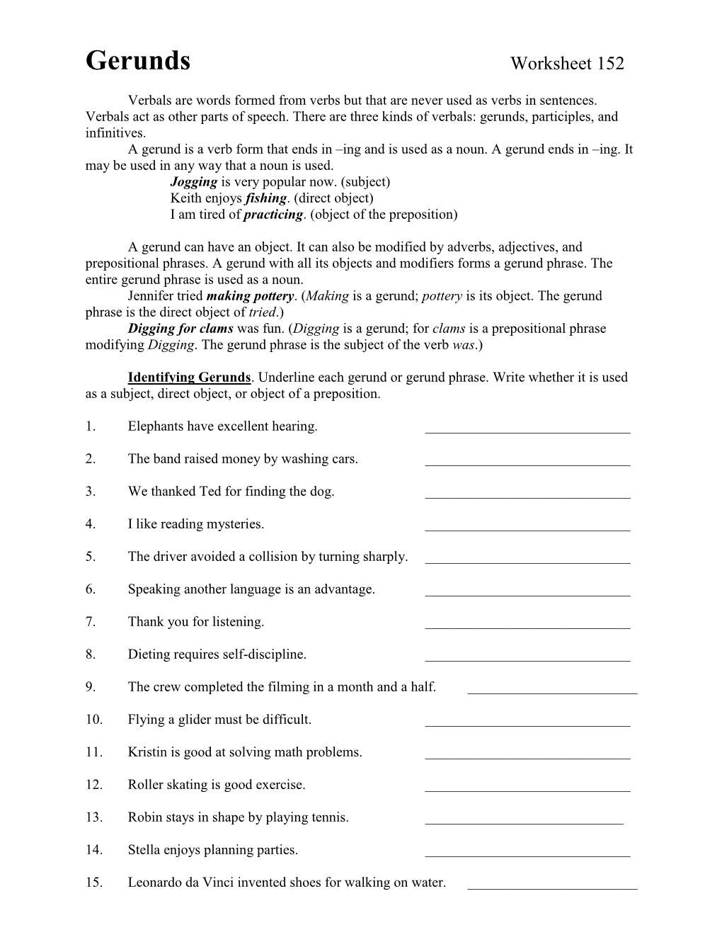 Gerunds Worksheet 152