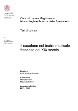 Il Saxofono Nel Teatro Musicale Francese Del XIX Secolo