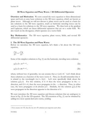3D Wave Equation and Plane Waves / 3D Differential Operators Overview and Motivation: We Now Extend the Wave Equation to Three