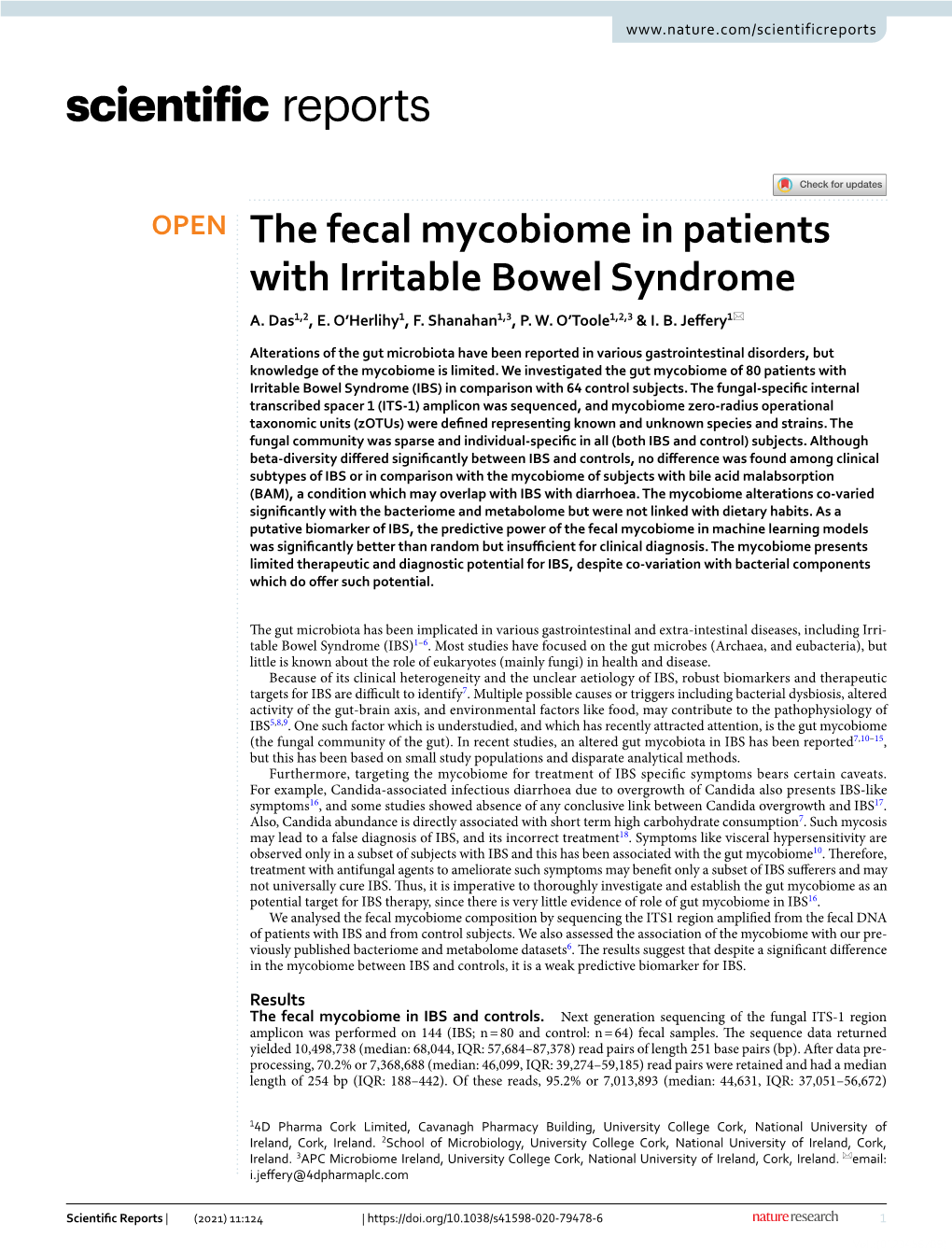 The Fecal Mycobiome in Patients with Irritable Bowel Syndrome A