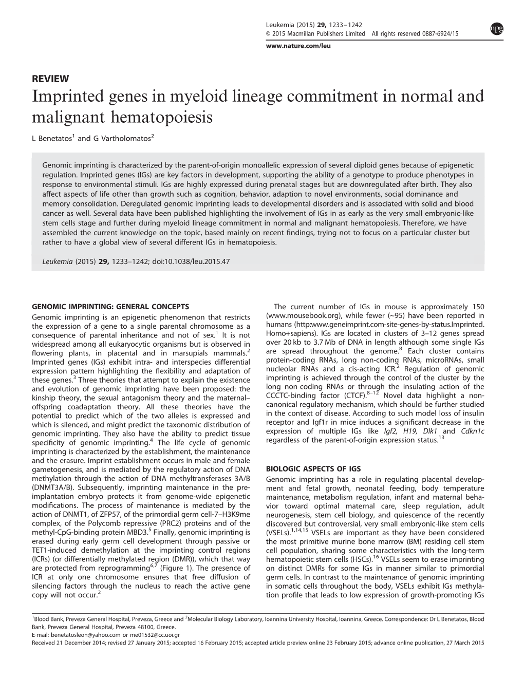 Imprinted Genes in Myeloid Lineage Commitment in Normal and Malignant Hematopoiesis
